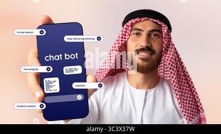 Professional showcasing chatbot features on mobile device in modern office setting Stock Photo