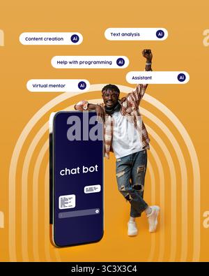 Engaging young man posing with chatbot on vibrant orange background, showcasing AI features for content creation and programming assistance Stock Photo
