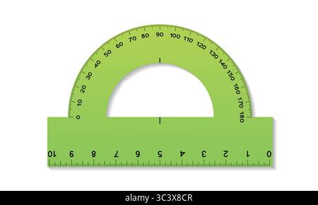 Green vector protractor ruler, measurement tool with numbers scale. Back to school measuring ruler in flat style and shadow Stock Vector