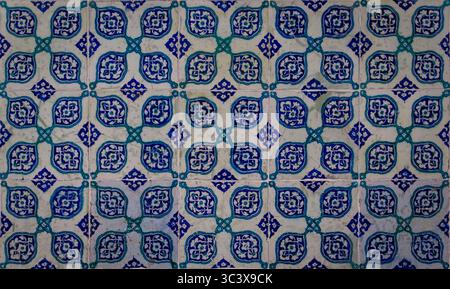 Ornate blue and red handmade Turkish Iznik mosaic tiles with floral Islamic patterns in a traditional Ottoman style in Istanbul, Turkey Stock Photo
