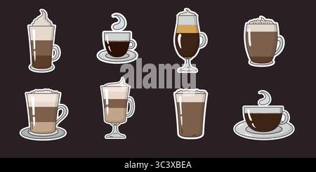 Set of Coffee Drinks Vector Sticker Pack, including Americano, Cappuccino, Espresso, Latte, Mochaccino, Flat White, Irish Coffee, and Glace. Doodle st Stock Vector