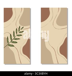 Abstract background in beige colors with a plant, leaves. Social media phone wallpaper, insta story templates. Hand-draw vector illustration in trendl Stock Vector