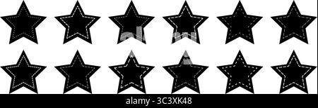 Set of black star shapes with dashed border lines. Dotted geometric starry figures isolated on white background. Cut here pictograms. Vector graphic illustration. Stock Vector