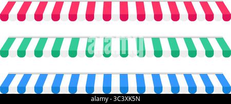 Set of shop awnings. Striped store canopies. Marketplace tents with red, green, blue and white stripes isolated on white background. Cafe facade sunshades. Kiosk umbrellas. Vector illustration. Stock Vector