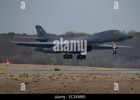 A B-1B Lancer assigned to Dyess Air Force Base, Texas, lands at Misawa Air Base, Japan, during Bomber Task Force 25-2, April 18, 2025. Bomber missions Stock Photo