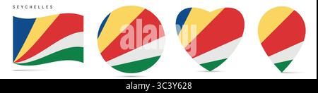 Seychelles waving flag, round circle sticker badge, heart shaped icon, map pin. Republic of Seychelles flag buttons of different shapes. Vector illust Stock Vector