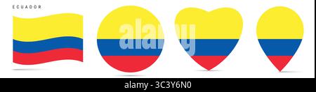 Ecuador waving flag, round circle sticker badge, heart shaped icon, map pin. Ecuadorian flag buttons of different shapes. Vector illustration isolated Stock Vector