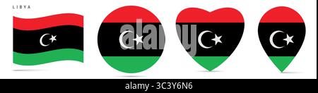 Libya waving flag, round circle sticker badge, heart shaped icon, map pin. Libyan flag buttons of different shapes. Vector illustration isolated on wh Stock Vector