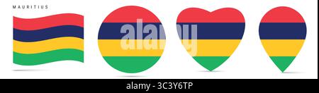 Mauritius waving flag, round circle sticker badge, heart shaped icon, map pin. Mauritian flag buttons of different shapes. Vector illustration isolate Stock Vector