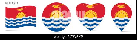Kiribati waving flag, round circle sticker badge, heart shaped icon, map pin. Republic of Kiribati flag buttons of different shapes. Vector illustrati Stock Vector