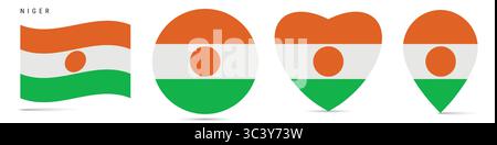 Niger waving flag, round circle sticker badge, heart shaped icon, map pin. Nigerian flag buttons of different shapes. Vector illustration isolated on Stock Vector