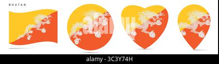 Bhutan waving flag, round circle sticker badge, heart shaped icon, map pin. Bhutanese flag buttons of different shapes. Vector illustration isolated o Stock Vector