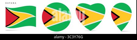 Guyana waving flag, round circle sticker badge, heart shaped icon, map pin. Guyanese flag buttons of different shapes. Vector illustration isolated on Stock Vector
