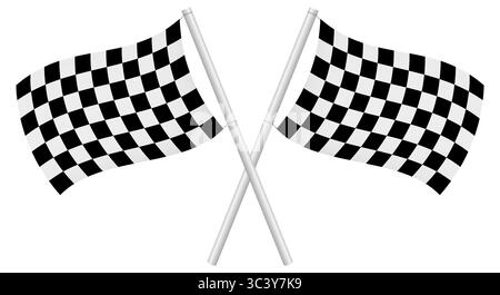 Two crossed racing flags. Checkered racing flag. 3D realistic vector illustration isolated on white. Stock Vector