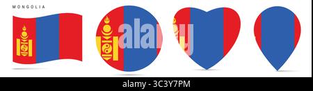Mongolia waving flag, round circle sticker badge, heart shaped icon, map pin. Mongolian flag buttons of different shapes. Vector illustration isolated Stock Vector