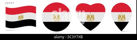 Egypt waving flag, round circle sticker badge, heart shaped icon, map pin. Egyptian flag buttons of different shapes. Vector illustration isolated on Stock Vector