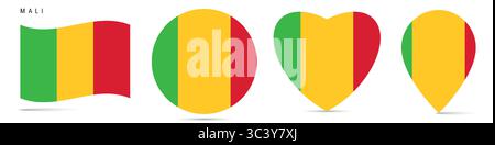 Mali waving flag, round circle sticker badge, heart shaped icon, map pin. Malian flag buttons of different shapes. Vector illustration isolated on whi Stock Vector