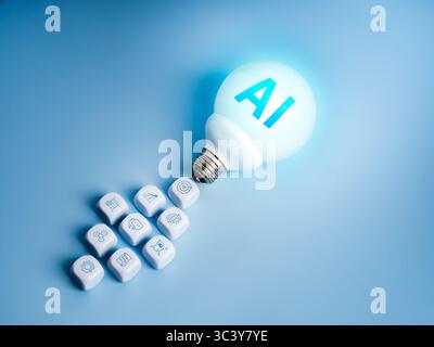 AI growth, startup ideas, AI-powered marketing automation, innovation technology concept. Glowing light bulb flying as rocket, take off with business Stock Photo