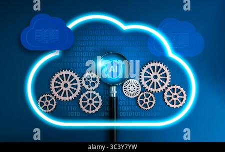 AI data center security and cloud storage system technology, data protection concept. AI security shield focus in magnifier with gears flowing, and da Stock Photo