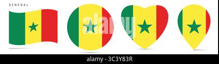 Senegal waving flag, round circle sticker badge, heart shaped icon, map pin. Senegalese flag buttons of different shapes. Vector illustration isolated Stock Vector