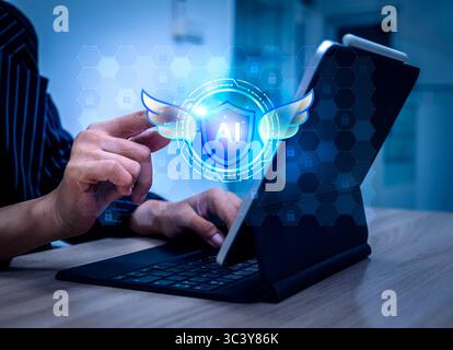 Guardian agents concept. AI shield with wings and padlock icons, appear while person work with computer. AI agents working to monitoring with optimize Stock Photo