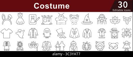 Costume Editable Line Icons Set for Halloween, Party, Dress-up, and Character Outfits Stock Vector