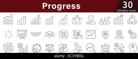 Progress Editable Line Icons Set for Growth, Development, Analytics, and Performance Tracking Stock Vector