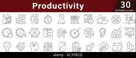 Productivity Editable Line Icons Set for Efficiency, Time, Work, and Performance Management Stock Vector