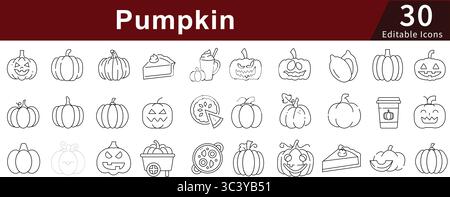 Pumpkin Editable Line Icons Set for Halloween, Autumn, Harvest, and Seasonal Decoration Stock Vector