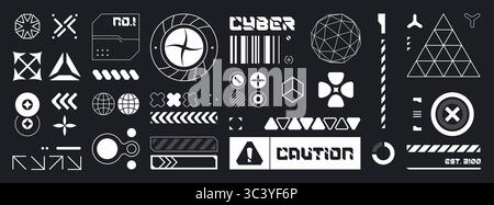 White cyberpunk HUD icons on black background - futuristic interface elements with geometric symbols, warning signs, loading bars and tech patterns. Digital UI kit for cyber displays data graphics. Stock Vector