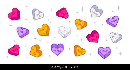 Heart candy collection with Valentine messages - colorful conversation hearts in pink, purple and yellow with sweet words. Floating love candies with sparkles for romantic celebration designs. Stock Vector