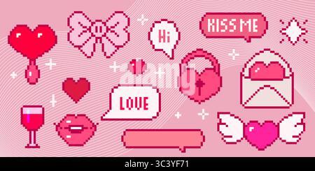Pink pixel art Valentine collection with hearts, love letters and romantic messages - retro 8 bit style wings, envelopes, wine glass on wavy striped bg. Digital nostalgia design for gaming aesthetics. Stock Vector
