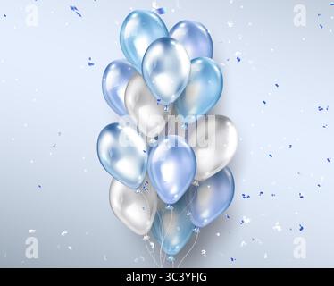 Realistic balloon bunch with iridescent purple, white and blue balls on strings floating on pastel background - glossy metallic helium ballons with falling confetti for birthday party or celebration Stock Vector