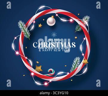 Elegant Christmas Wreath Clipart with Baubles, Pine Branches , Christmas Light, and Christmas Greeting Text on Dark Blue Background Stock Vector