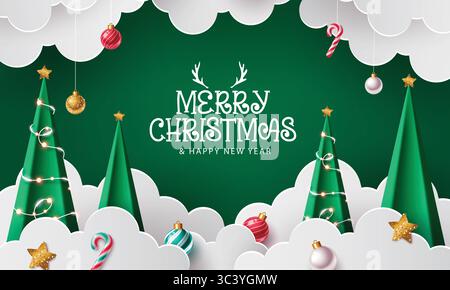 Merry Christmas greeting Papercut design. Christmas paper cut clouds, Christmas tree with hanging Christmas decoration elements in green template. Stock Vector