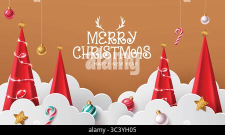 Christmas paper cut clouds, Christmas tree with hanging Christmas decoration elements vector illustration Stock Vector