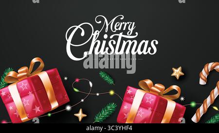 Christmas Greeting Clipart with Bold Gift Boxes, Christmas Lights, and Candy Cane on Black Background Vector Illustration Stock Vector