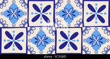 Seamless azulejos ceramic design tiles pattern. Hand drawn traditional blue floral and geometric vector background. Stock Vector