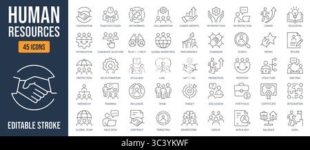 Human resources icons, such as recruitment, teamwork, employee, management, job and more. Editable stroke. Stock Vector