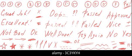 Exam letters grade marks doodle style set. School test results hand drawn sings. Teacher scores for homework. Vector handwritten scribble qualificatio Stock Vector