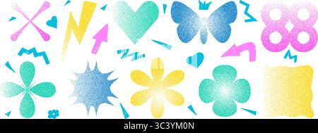 Funky abstract figures with grain noise gradient. Y2k retro stippling forms set. Butterfly, heart and star flower icons on white background. Vector co Stock Vector