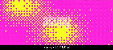 Halftone bright background. Noise gradient fuchsia and yellow colors design cover. Grainy pixel overlay backdrop. Dots wide banner. Vector abstract gr Stock Vector