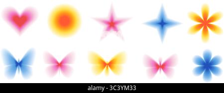 Blur gradient geometric shape set. Y2k retro heart, star and circle with flower forms. Colorful gradation icons on white background. Trendy effect wit Stock Vector