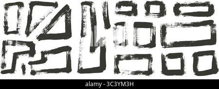 Geometric shapes brush stroke set. Painted triangles and rectangles isolated on transparent background. Grunge rough textured lined shapes. Urban stre Stock Vector