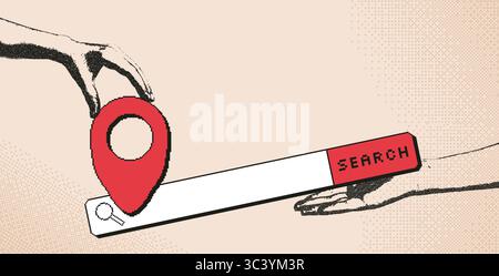 Travel collage with photocopy hands and pixel art tourism elements. Human arms palms holding location map pin and search bar. Vector journey bitmap sc Stock Vector
