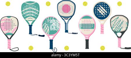 Padel tennis rackets and balls isolated. Various shapes palas equipment set. Diamond, round and teardrop shapes sports accessories collection. Vector Stock Vector