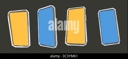 Halftone phones collage set. Cutout mobiles templates stickers for mixed media design. Pieces of newspaper smartphones with empty screen elements. Vec Stock Vector
