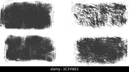 Dirty paper grunge set. Callouts rectangles frames. Linocut rolled paint black tag. Vector handmade brayer stamp smudged texture. Rough paint decorati Stock Vector