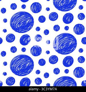 Seamless pattern with grunge textured big and small circles. Marker polka dots endless background. Blue and white grunge dot repeat cover. Round conti Stock Vector