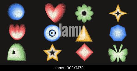 Neon noise gradient geometric shapes set. Y2k retro grain heart, butterfly and circle with flower. Colorful bright gradation star, crown on dark backg Stock Vector